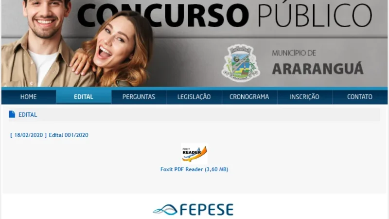 CONCURSO ABERTO: 26 VAGAS EM ARARANGUÁ