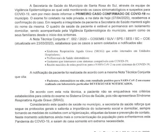Santa Rosa do Sul registra primeiro caso de coronavírus