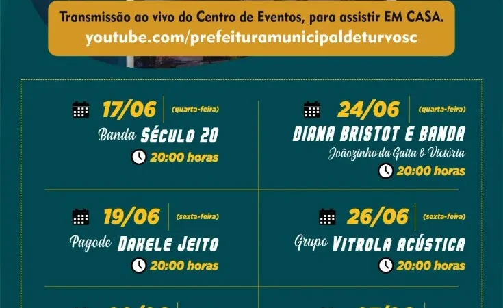 Lives de artistas locais de Turvo começam em 17 de junho