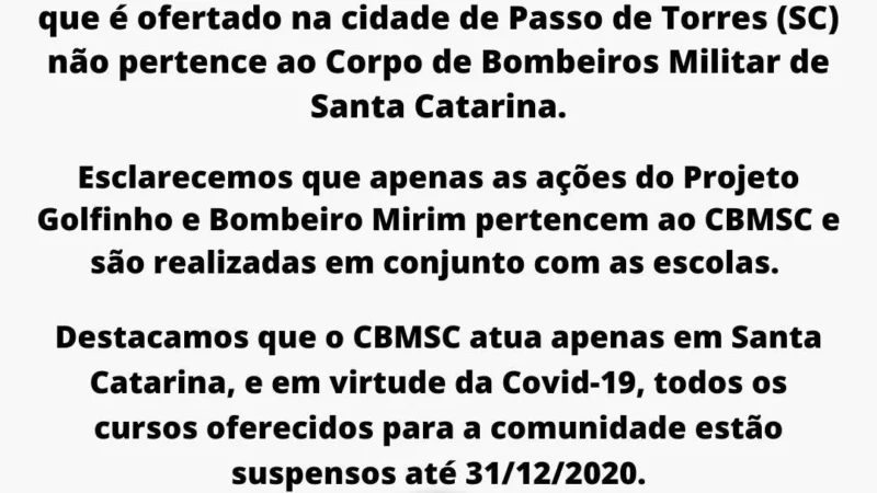 Bombeiros alertam sobre curso ofertado para crianças em Passo de Torres