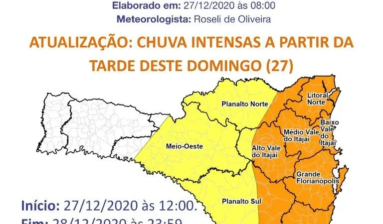 Defesa Civil divulga alerta sobre chuvas intensas em SC