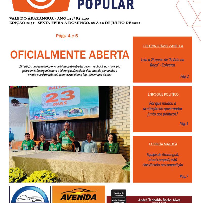 Edição 2657 – 08 a 10 de Julho de 2022 – Jornal Enfoque Popular – capa Festa do Colono