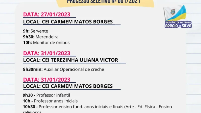 Cronograma escolha de vaga – Processo Seletivo nº 001/2021