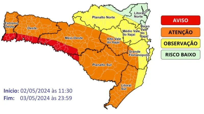Alerta Meteorológico: SC tem previsão de temporais com chuva intensa e volumosa entre quinta e sexta-feira