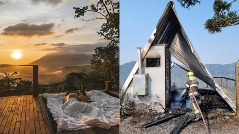 Casal acorda com fogo em cabana em ponto turístico na Serra de SC, e hóspedes saem às pressas