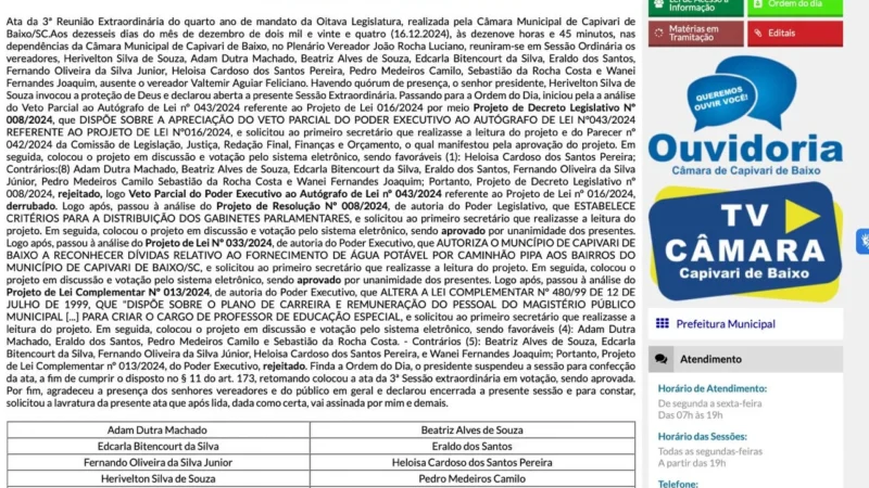 Vereadores de Capivari de Baixo aprovam resolução controversa em sessão extraordinária sem transparência