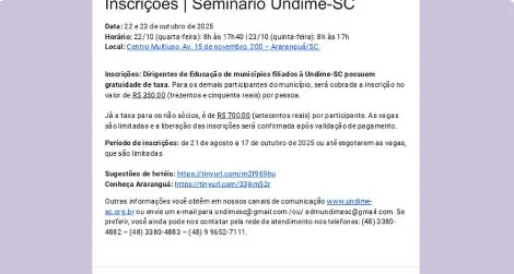 Araranguá sediará o Seminário da UNDIME/SC em outubro