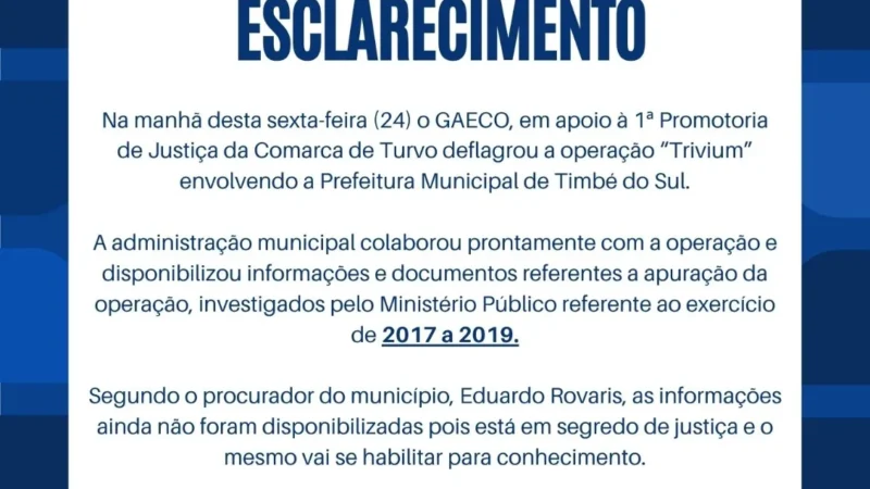NOTA DE ESCLARECIMENTO – PREFEITURA DE TIMBÉ DO SUL
