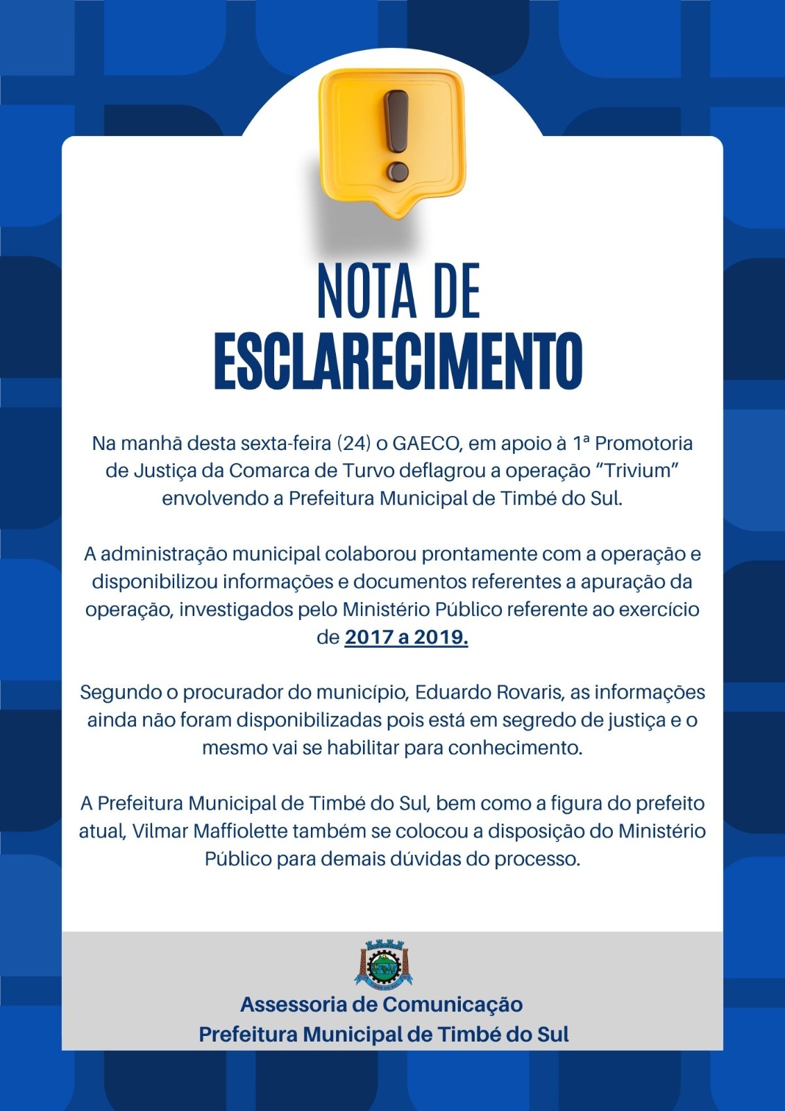 NOTA DE ESCLARECIMENTO – PREFEITURA DE TIMBÉ DO SUL