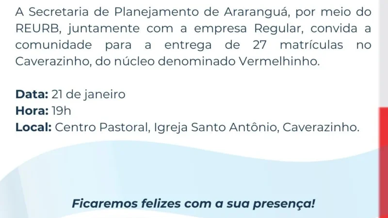 Primeira entrega de matrículas de 2026 beneficia 27 famílias no bairro Caverazinho