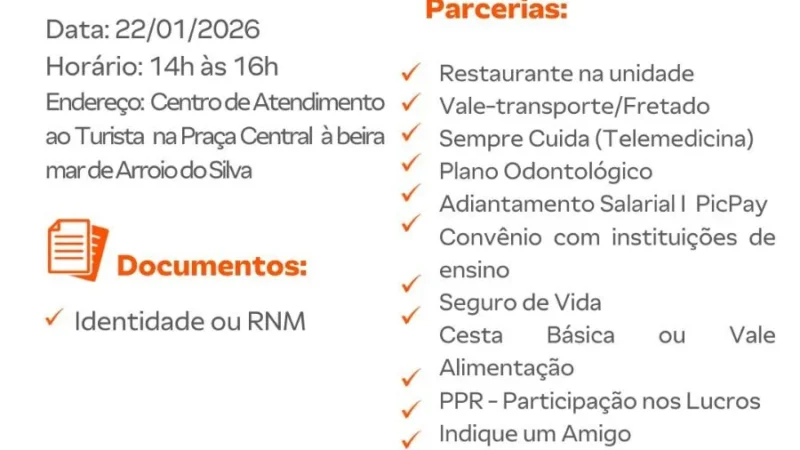 JBS realiza entrevistas de emprego em Balneário Arroio do Silva nesta quinta-feira
