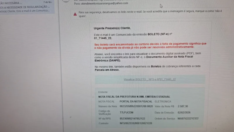 CUIDADO COM GOLPE! Prefeitura alerta sobre e-mails falsos em nome da Vigilância Sanitária