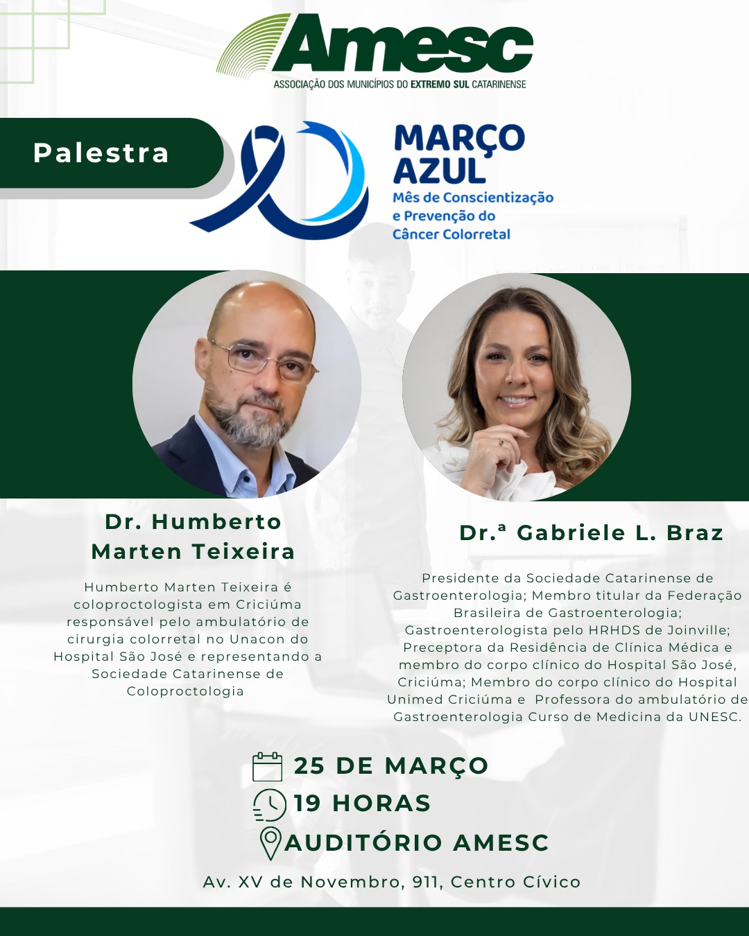 Março Azul: AMESC promove palestra com especialistas para alertar sobre câncer colorretal