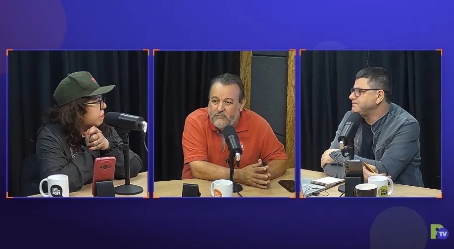 Gerusa Prestes da Silva e Ozair da Silva (Banha) são entrevistados por Everaldo Silveira no Post Notícias, nos estúdios da Post TV.