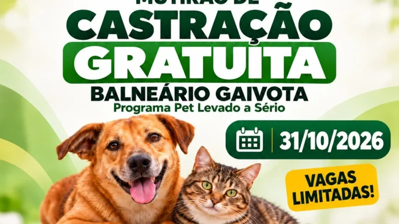 Balneário Gaivota abre inscrições para mutirão gratuito de castração de cães e gatos
